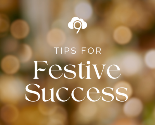 Cover image for blog, a close up of golden glitter with the title "Tips for Festive Success" and Cloud9's logo at the top