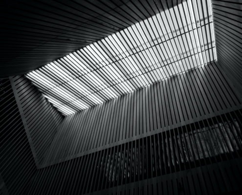 Photo of the ceiling at the Audain Art Museum in Black and White.